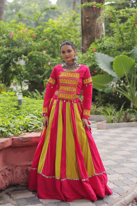 Pink Attractive Combination Of Mirror Lace Embellished Work Navratri Lehenga Choli