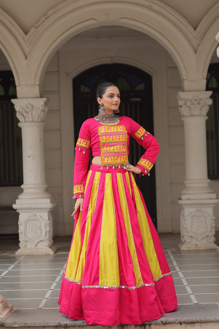 Pink Attractive Combination Of Mirror Lace Embellished Work Navratri Lehenga Choli
