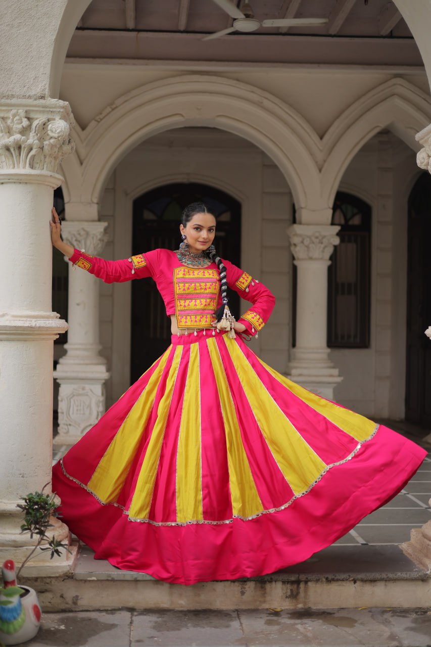 Pink Attractive Combination Of Mirror Lace Embellished Work Navratri Lehenga Choli