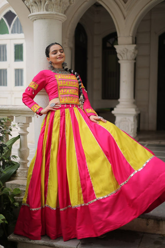 Pink Attractive Combination Of Mirror Lace Embellished Work Navratri Lehenga Choli
