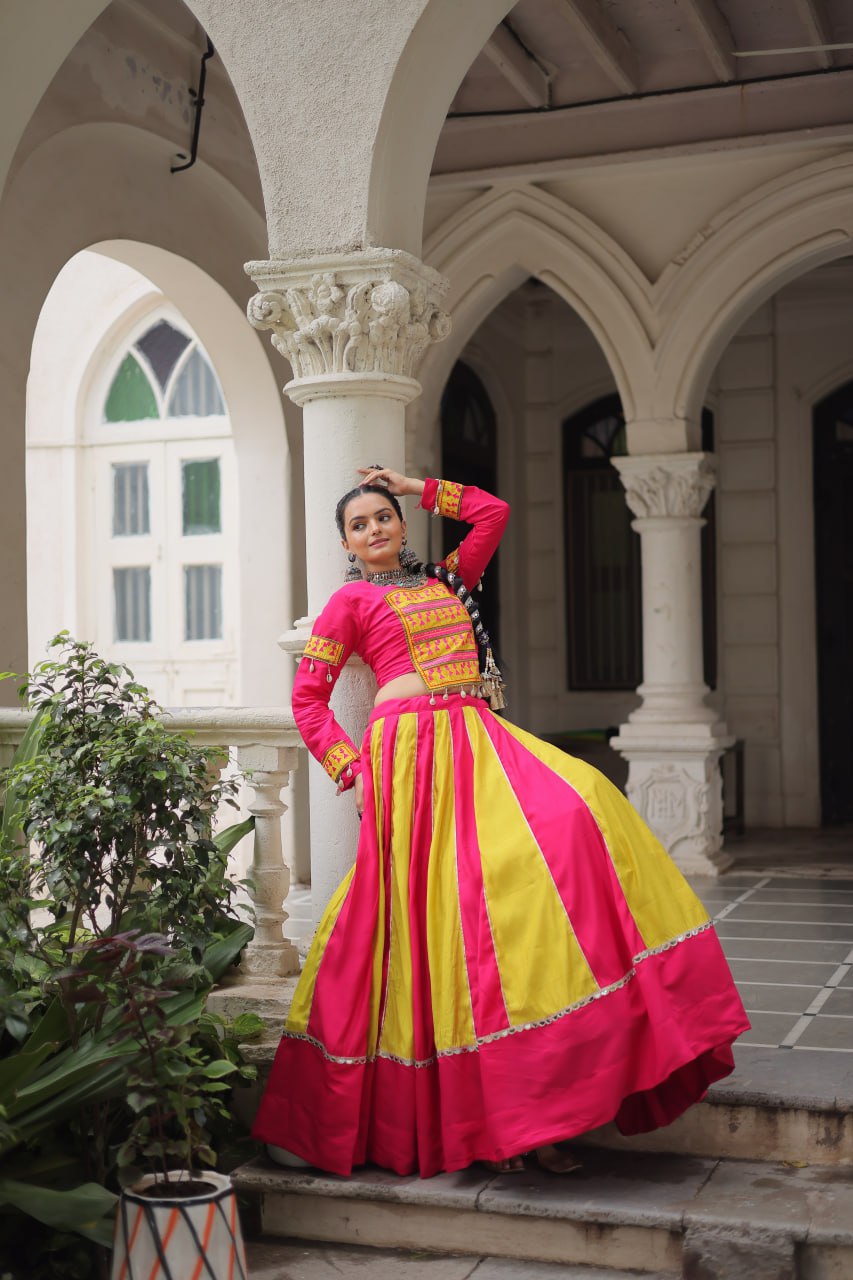 Pink Attractive Combination Of Mirror Lace Embellished Work Navratri Lehenga Choli