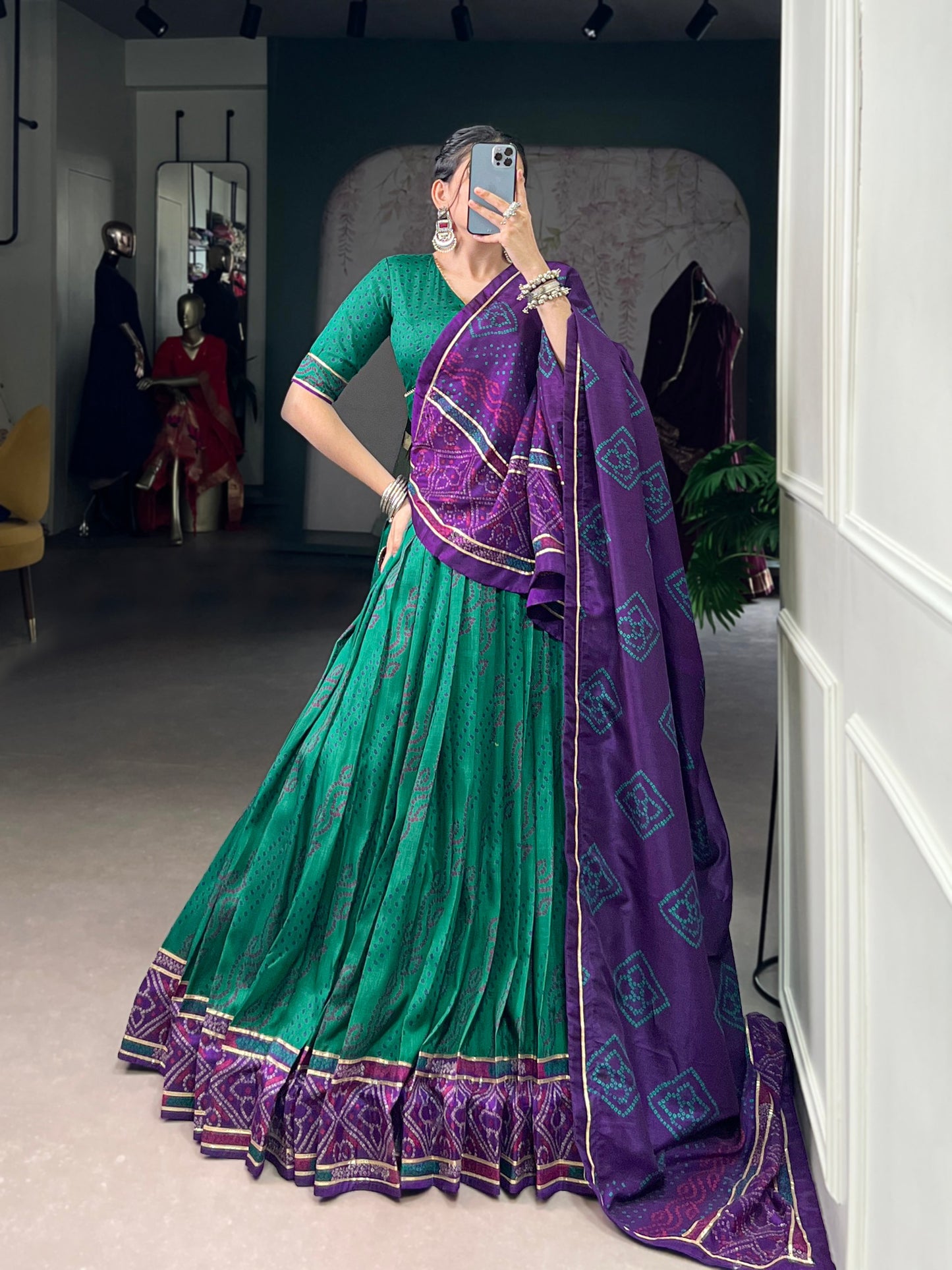 Green Tasar Silk Bandhej Print With Gotta Patti Lace Work Navratri Lehenga Choli