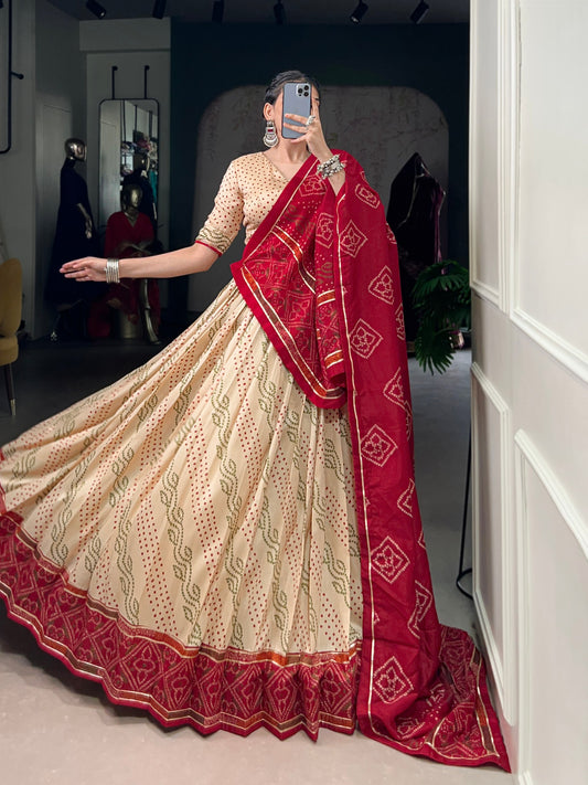 Off White Tasar Silk Bandhej Print With Gotta Patti Lace Work Navratri Lehenga Choli