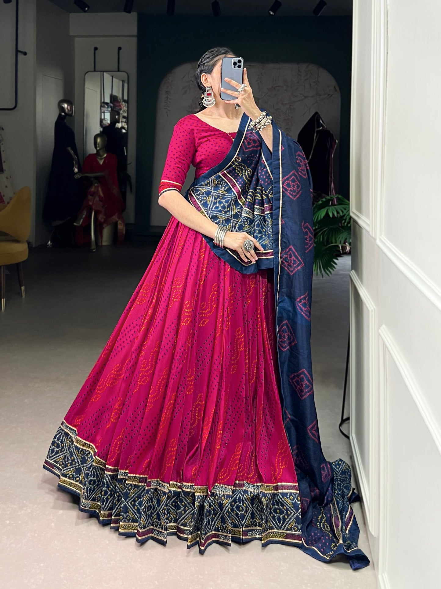 Pink Tasar Silk Bandhej Print With Gotta Patti Lace Work Navratri Lehenga Choli