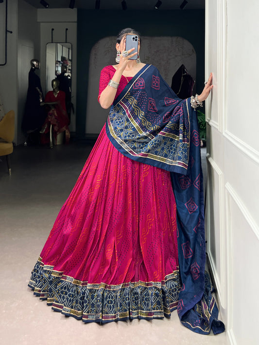 Pink Tasar Silk Bandhej Print With Gotta Patti Lace Work Navratri Lehenga Choli