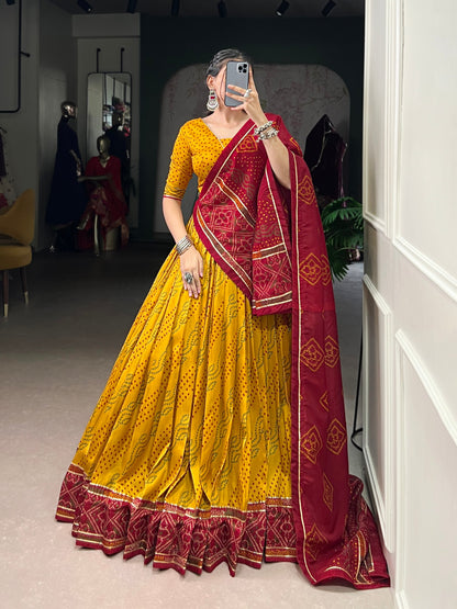 Yellow Tasar Silk Bandhej Print With Gotta Patti Lace Work Navratri Lehenga Choli