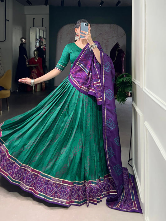 Green Tasar Silk Bandhej Print With Gotta Patti Lace Work Navratri Lehenga Choli