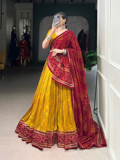 Yellow Tasar Silk Bandhej Print With Gotta Patti Lace Work Navratri Lehenga Choli