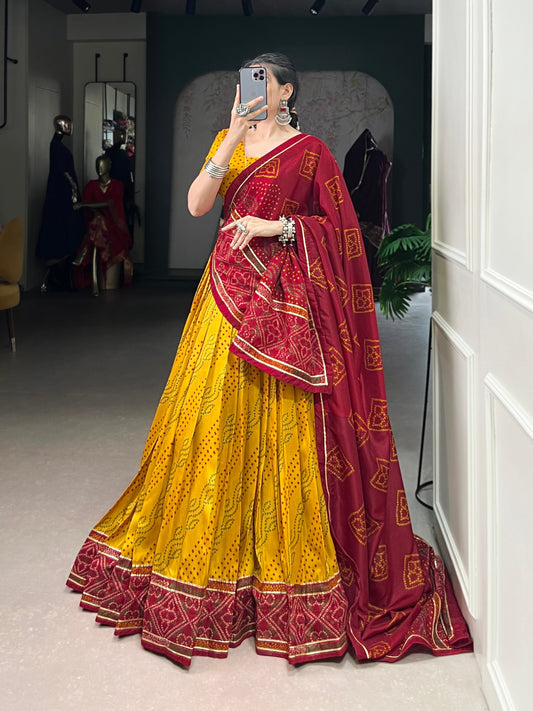 Yellow Tasar Silk Bandhej Print With Gotta Patti Lace Work Navratri Lehenga Choli