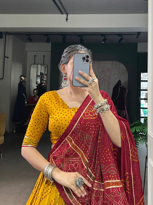Yellow Tasar Silk Bandhej Print With Gotta Patti Lace Work Navratri Lehenga Choli