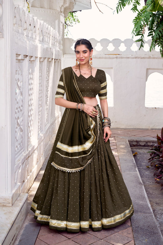 Mehendi Pure Chanderi Zari Weaving Work With Embossed Design Lace Work Navratri Lehenga