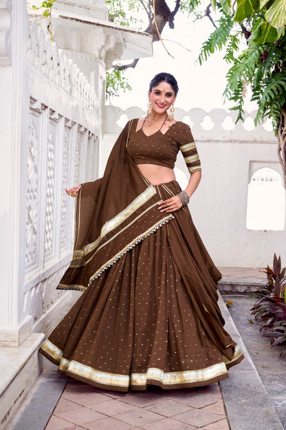 Brown Pure Chanderi Zari Weaving Work With Embossed Design Lace Work Navratri Lehenga