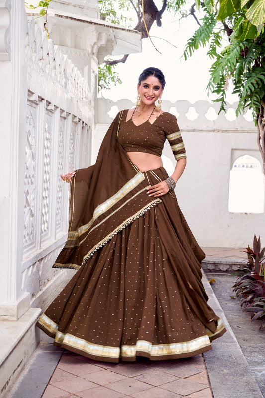 Brown Pure Chanderi Zari Weaving Work With Embossed Design Lace Work Navratri Lehenga