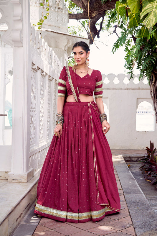 Maroon Pure Chanderi Zari Weaving Work With Embossed Design Lace Work Navratri Lehenga