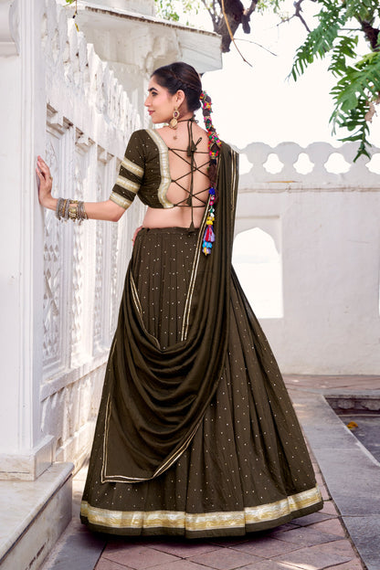 Mehendi Pure Chanderi Zari Weaving Work With Embossed Design Lace Work Navratri Lehenga