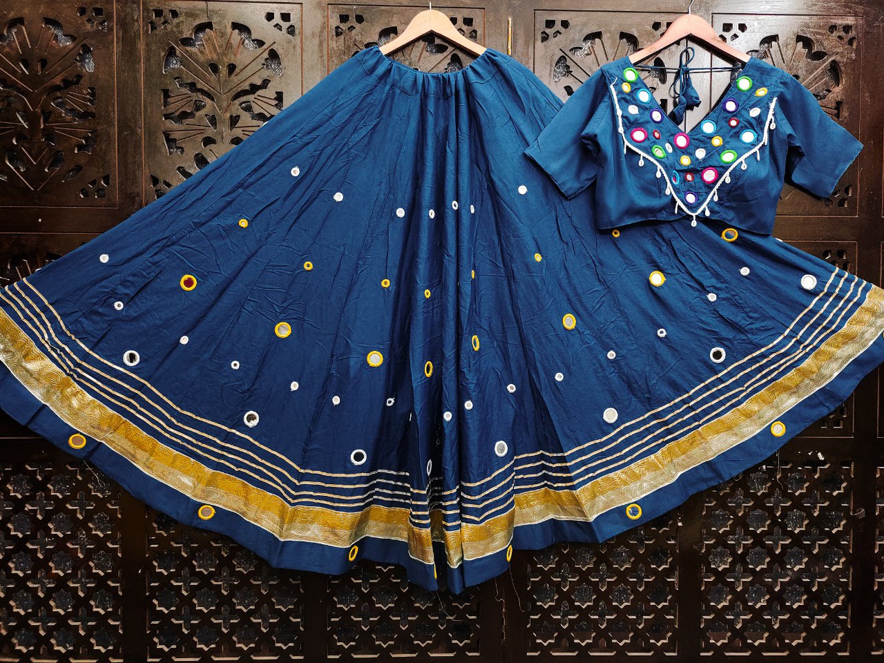 Blue Rayon Cotton Real Mirror Work Fully Stiched Navratri Lehenga Choli