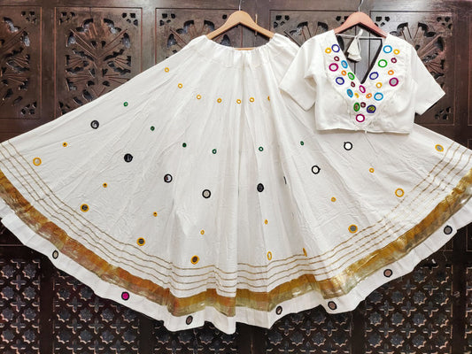 White Rayon Cotton Real Mirror Work Fully Stiched Navratri Lehenga Choli
