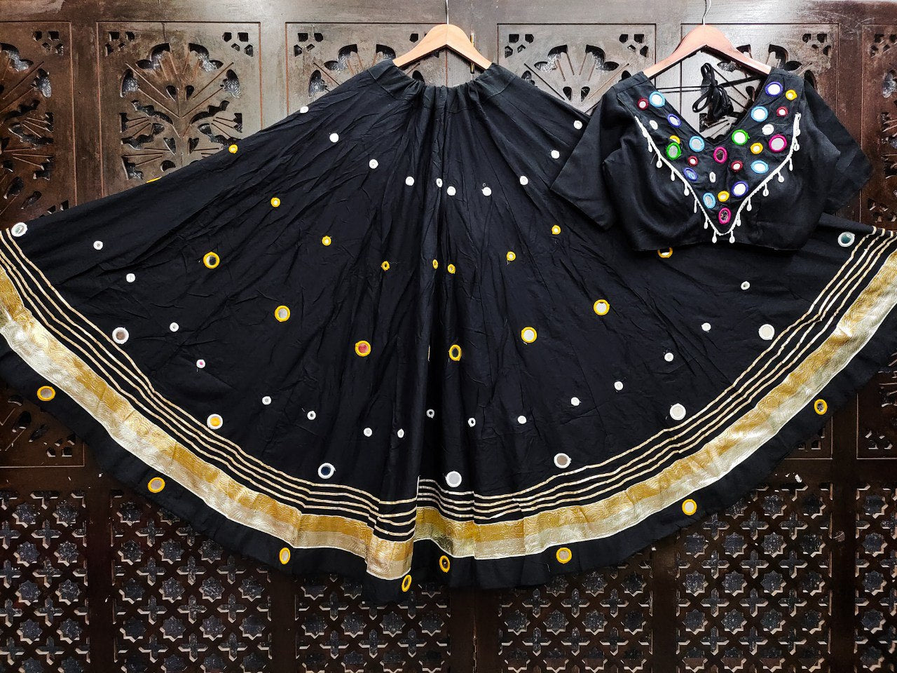Black Rayon Cotton Real Mirror Work Fully Stiched Navratri Lehenga Choli