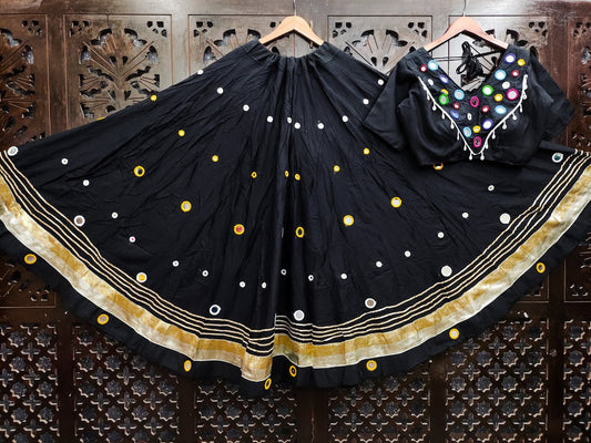 Black Rayon Cotton Real Mirror Work Fully Stiched Navratri Lehenga Choli