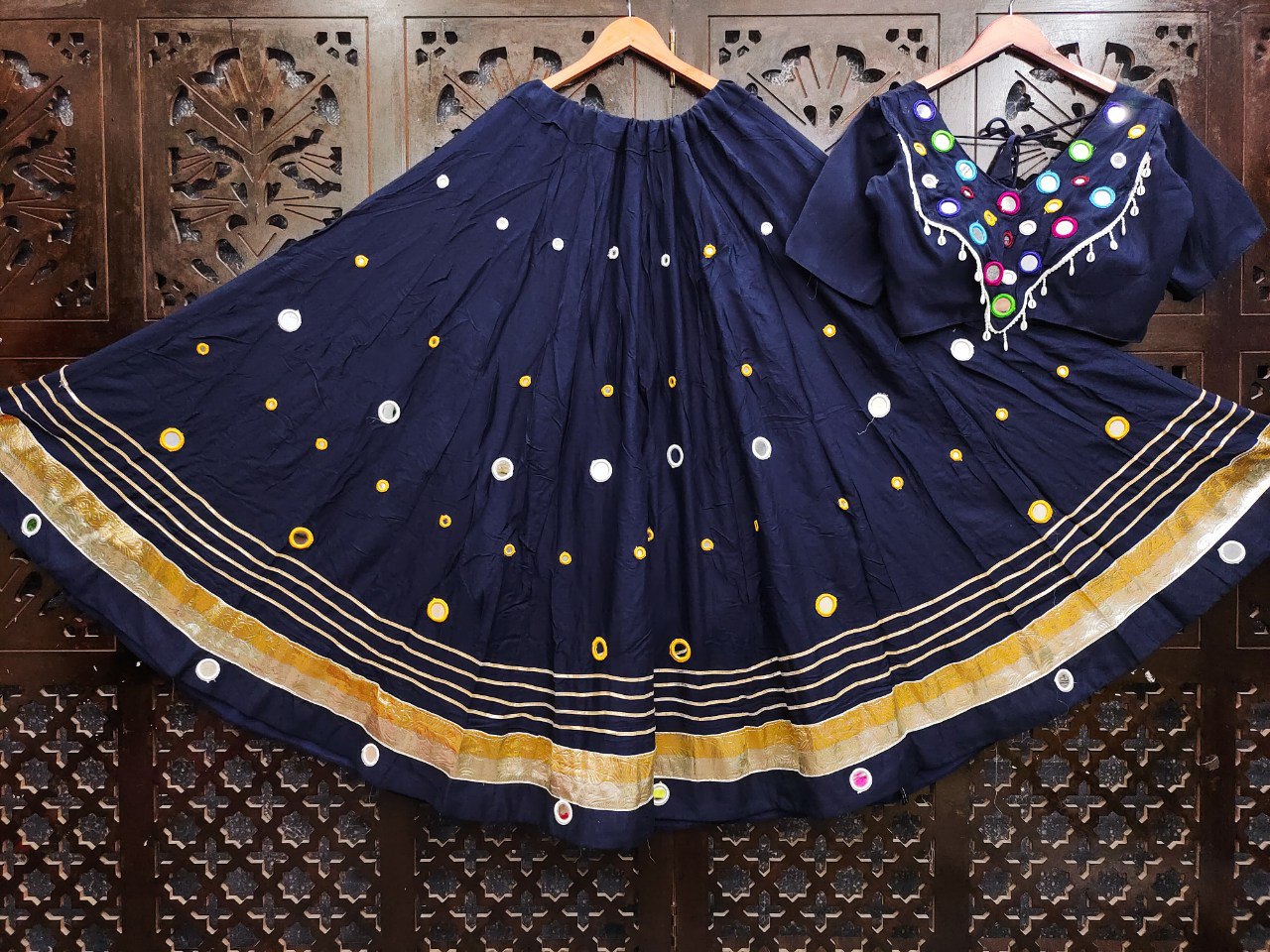 Navy Blue Rayon Cotton Real Mirror Work Fully Stiched Navratri Lehenga Choli