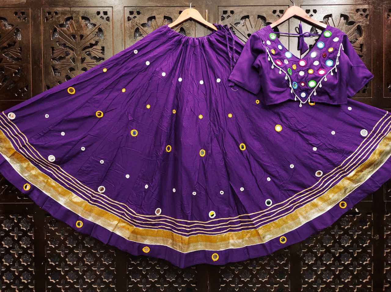 Purple Rayon Cotton Real Mirror Work Fully Stiched Navratri Lehenga Choli