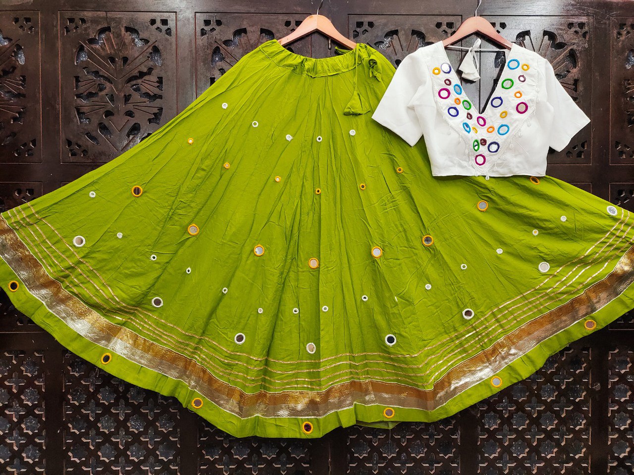 Green Rayon Cotton Real Mirror Work Fully Stiched Navratri Lehenga Choli