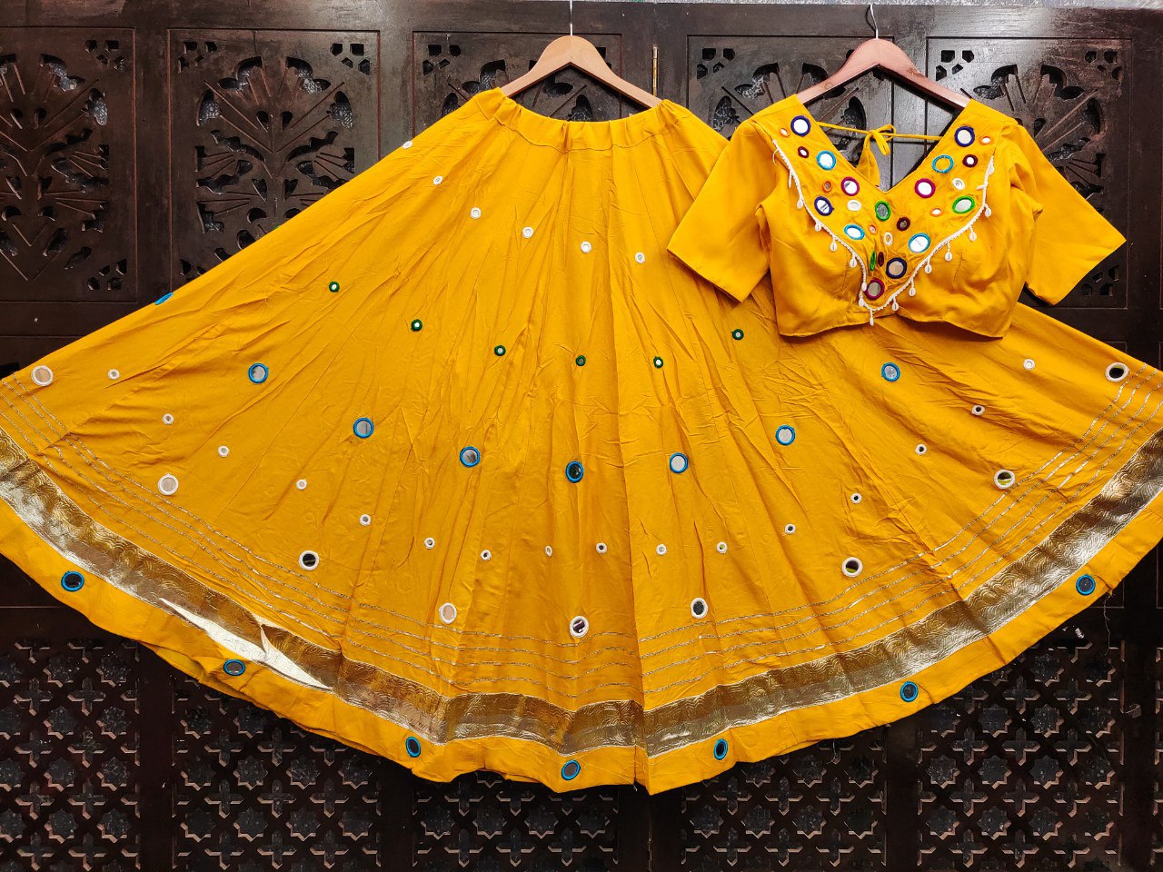 Yellow Rayon Cotton Real Mirror Work Fully Stiched Navratri Lehenga Choli