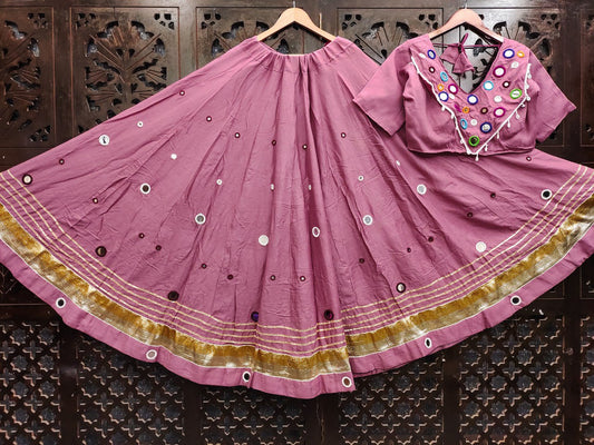 Baby Pink Rayon Cotton Real Mirror Work Fully Stiched Navratri Lehenga Choli