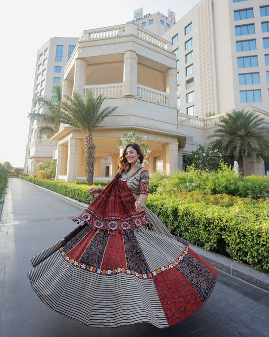 Black and White Printed Reyon Real Mirror Work Stitched Navratri Lehenga Choli