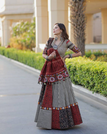 Black and White Printed Reyon Real Mirror Work Stitched Navratri Lehenga Choli
