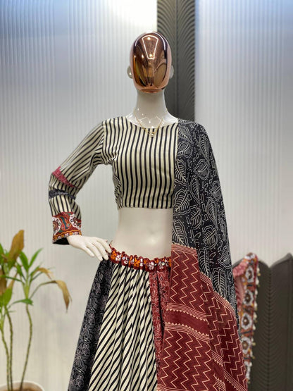 Black and White Printed Reyon Real Mirror Work Stitched Navratri Lehenga Choli