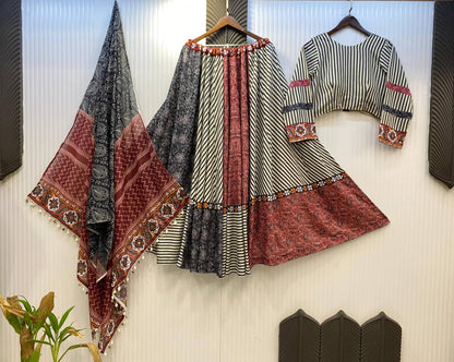 Black and White Printed Reyon Real Mirror Work Stitched Navratri Lehenga Choli