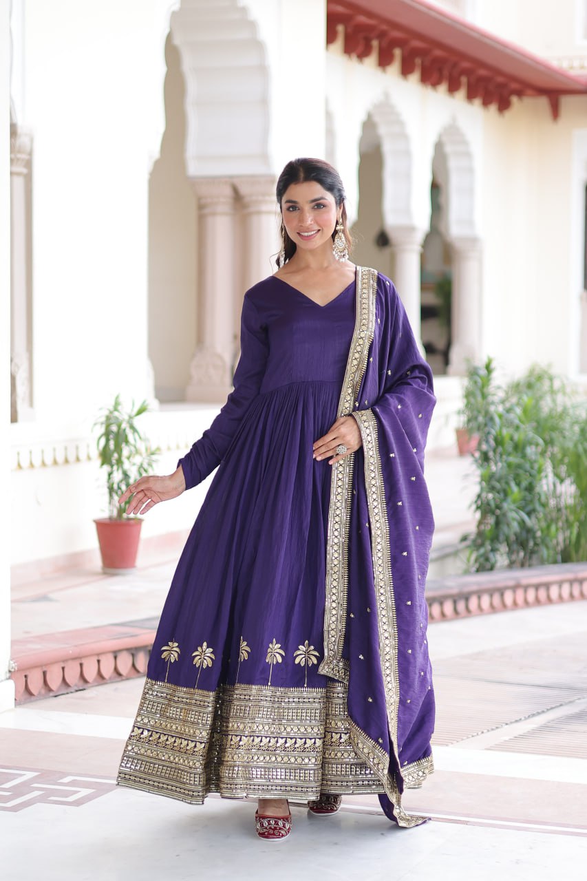 Navy Blue Vichitra Silk With Rich Sequins Embroidered Work Gown