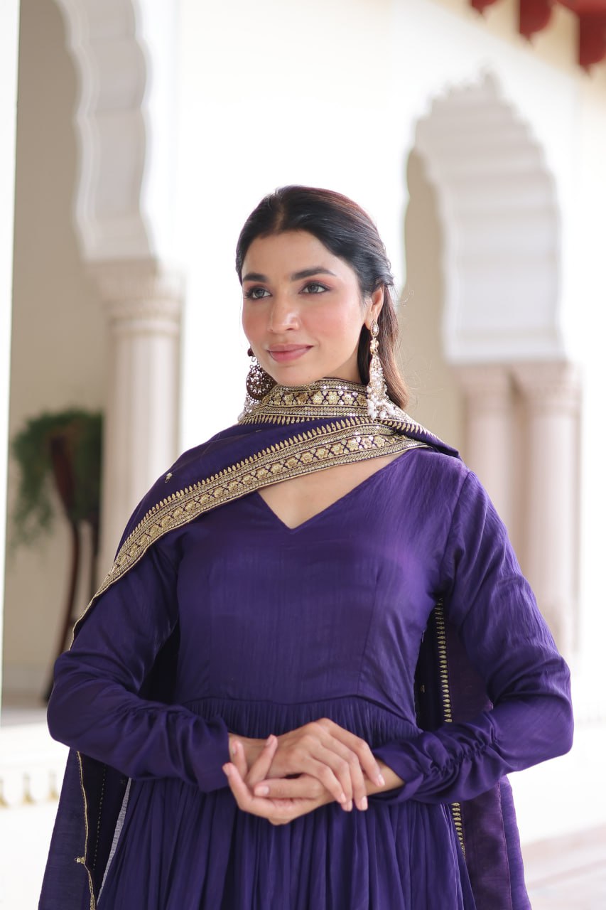 Navy Blue Vichitra Silk With Rich Sequins Embroidered Work Gown