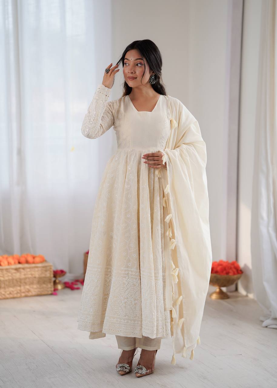 Off White Pure Kora Cotton Lucknowi Chikankari Anarkali Suit by The Beauty Queen Surat