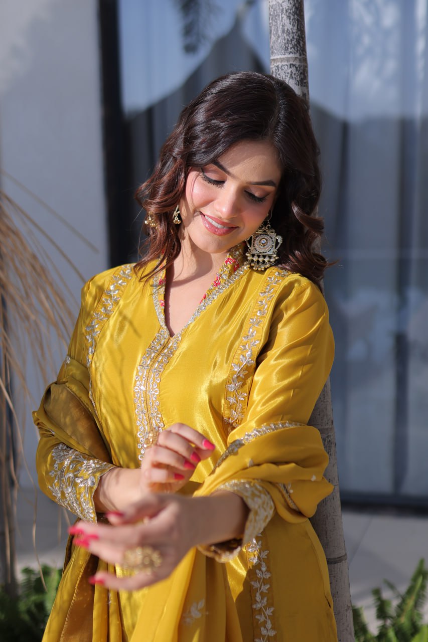 Yellow H O Fabrics With Sequins Zari Embroidered Work Suit