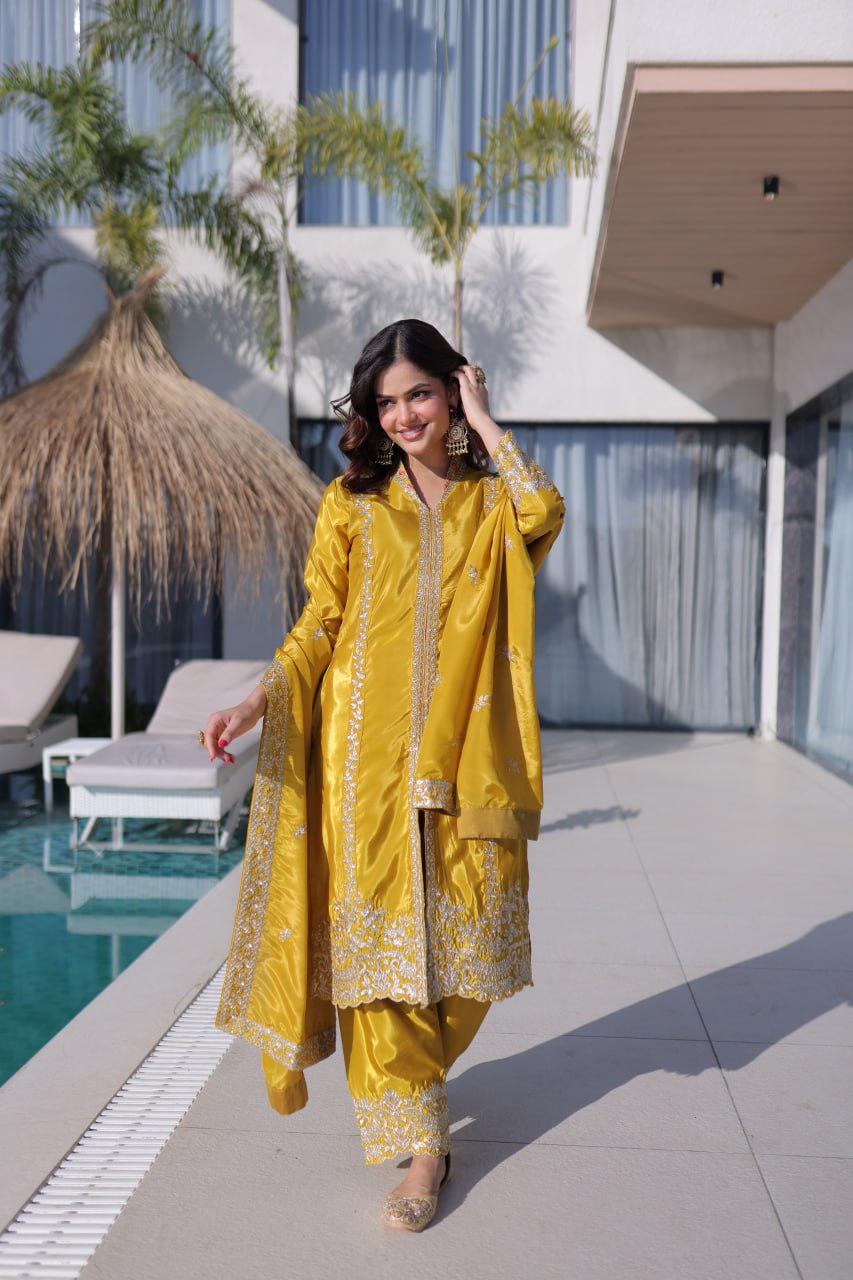 Yellow H O Fabrics With Sequins Zari Embroidered Work Suit