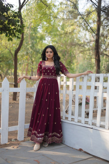 Maroon Square Neck Faux Blooming With Embroidery Zari Sequins Work Gown