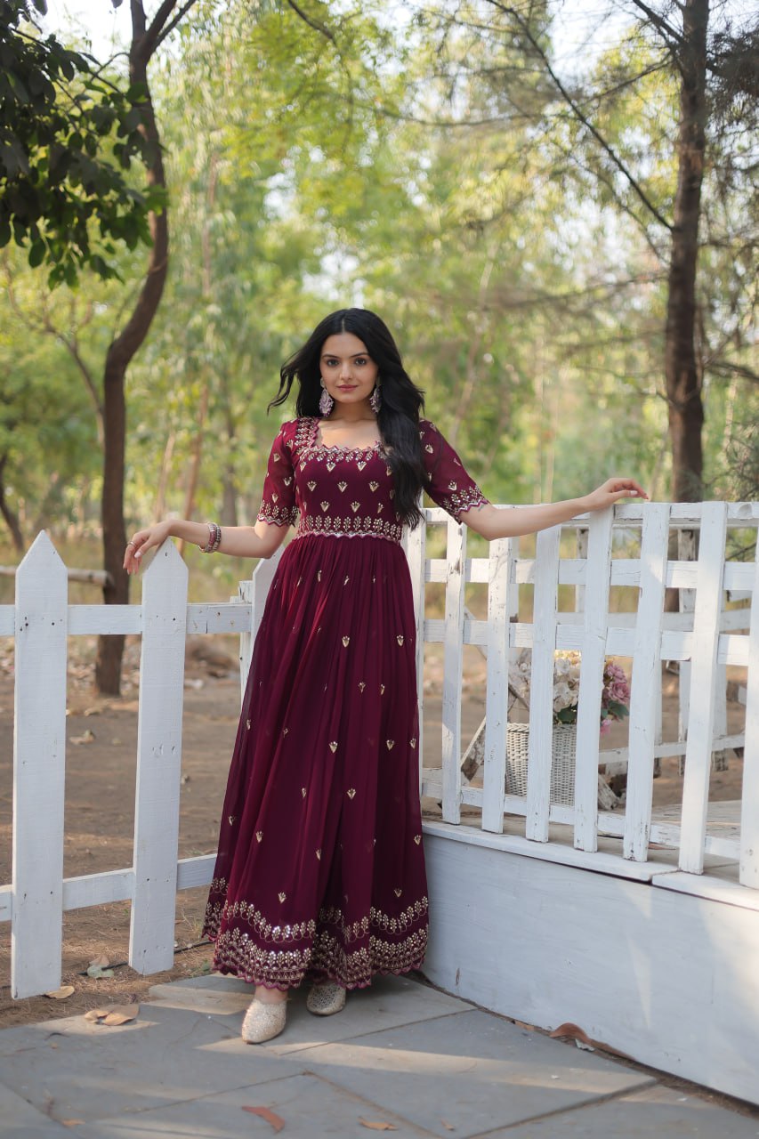 Maroon Square Neck Faux Blooming With Embroidery Zari Sequins Work Gown