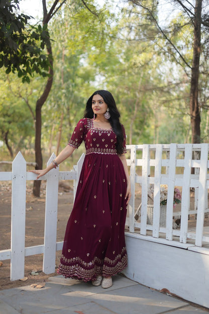 Maroon Square Neck Faux Blooming With Embroidery Zari Sequins Work Gown