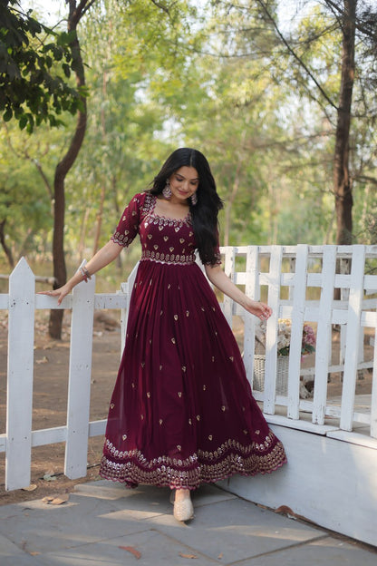 Maroon Square Neck Faux Blooming With Embroidery Zari Sequins Work Gown