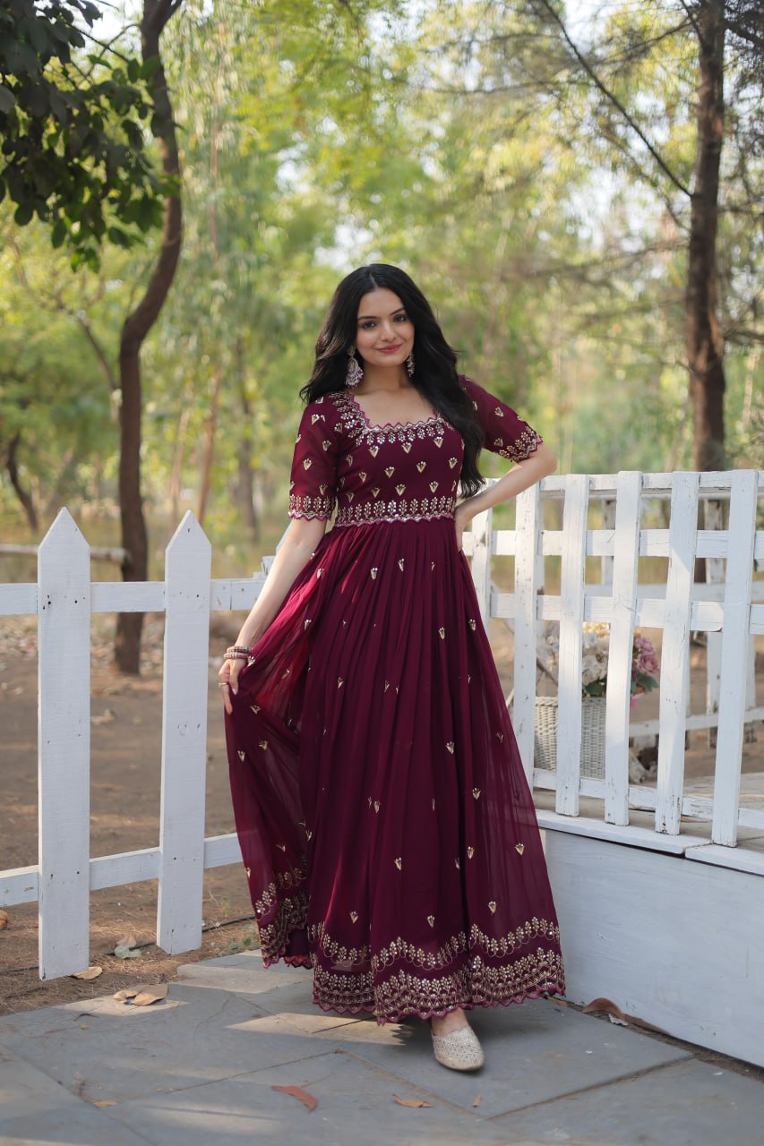 Maroon Square Neck Faux Blooming With Embroidery Zari Sequins Work Gown