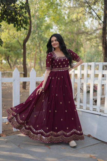 Maroon Square Neck Faux Blooming With Embroidery Zari Sequins Work Gown