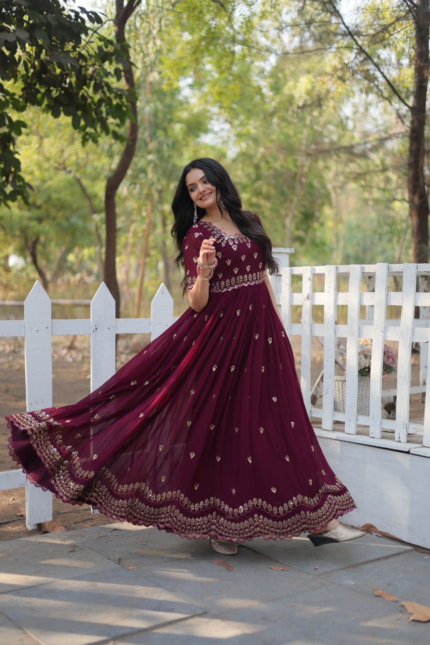 Maroon Square Neck Faux Blooming With Embroidery Zari Sequins Work Gown