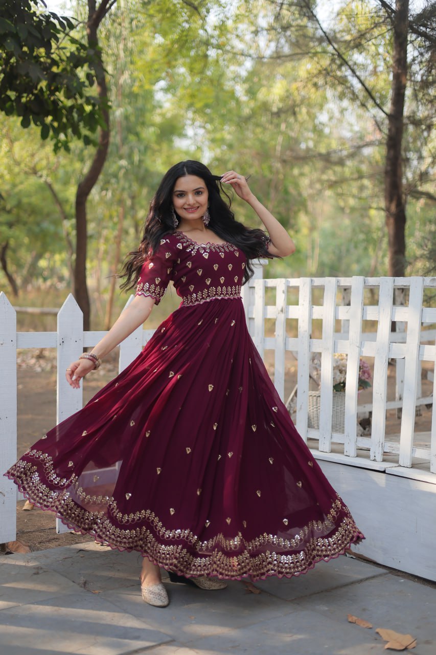 Maroon Square Neck Faux Blooming With Embroidery Zari Sequins Work Gown