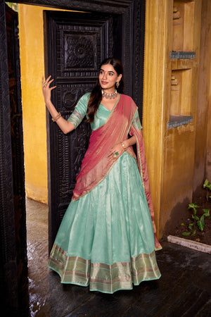 Mint green half saree lehenga Dupion silk zari weaving
