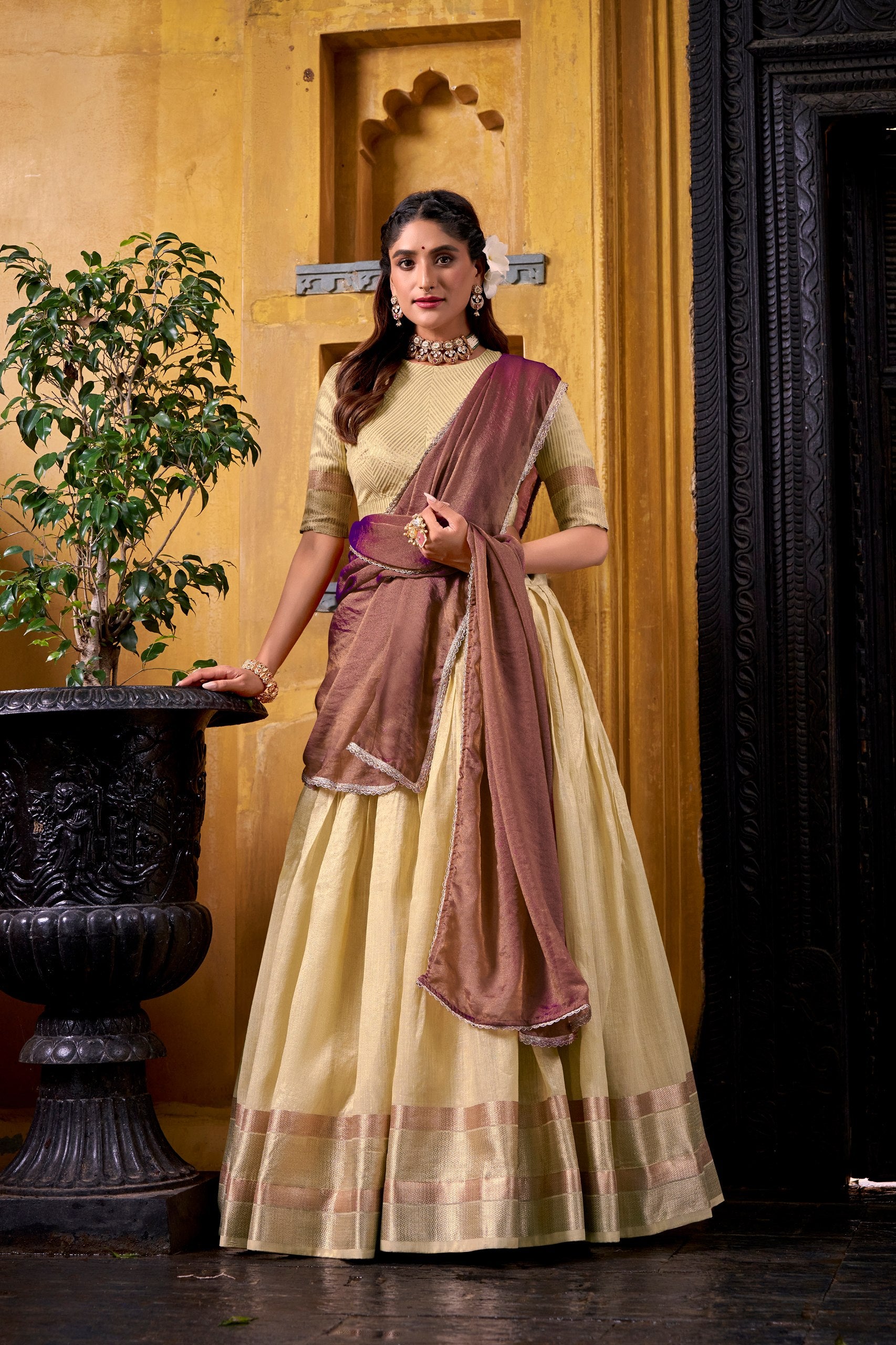 Lemon yellow half saree lehenga Dupion silk zari weaving
