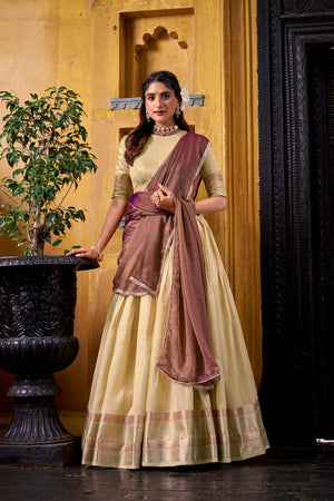 Lemon yellow half saree lehenga Dupion silk zari weaving
