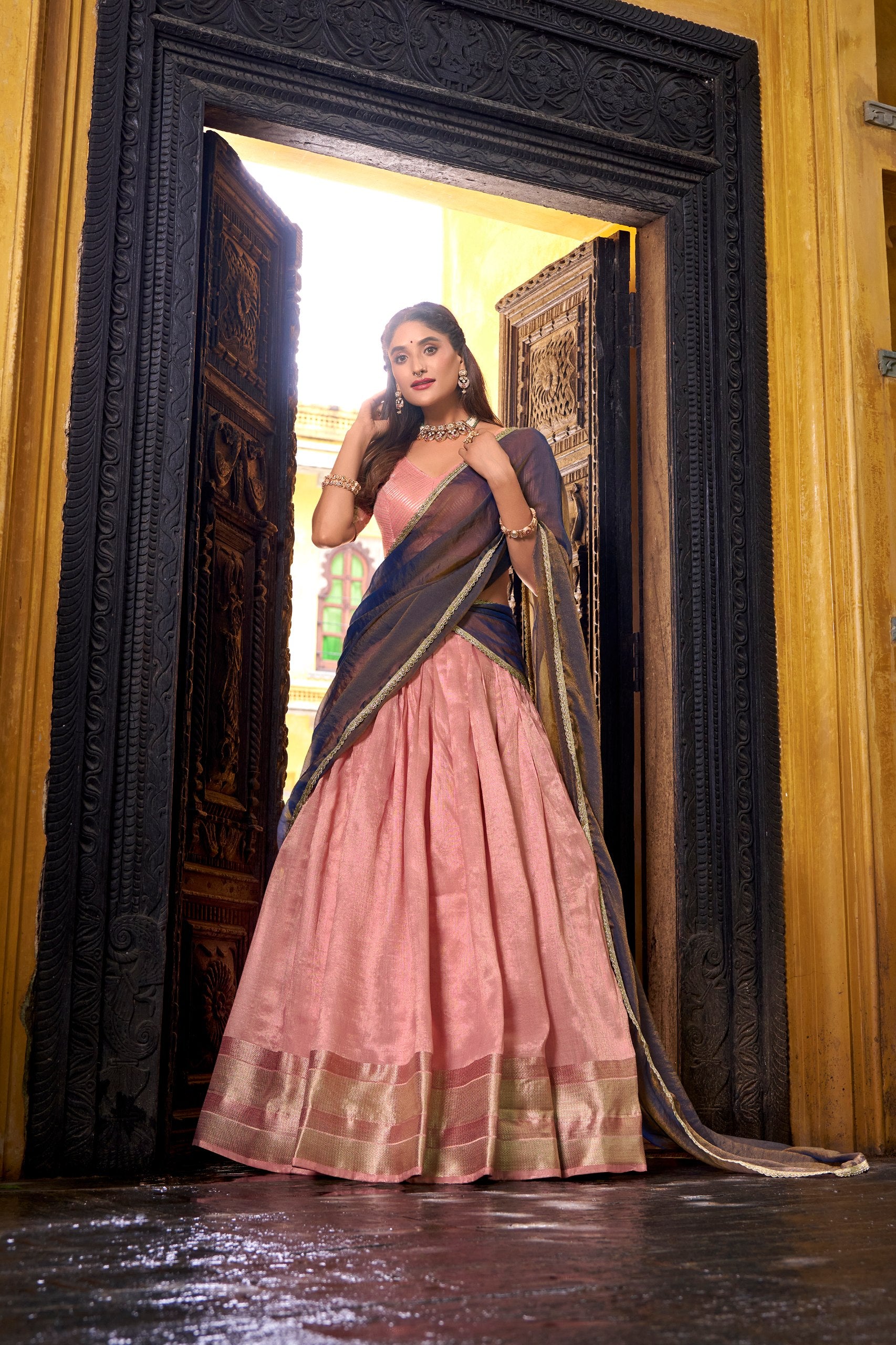 South Indian style half saree pink navy dupatta
