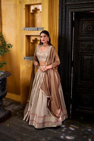 Designer champagne lehenga saree with zari weaving
